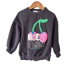 Zara Kids Graphic Sweatshirt - Acid Wash Gray with Cherry Design